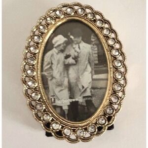 Vintage‎ Oval Mini Gold Tone Photo Frame Tabletop Rhinestone Ornate Elegant